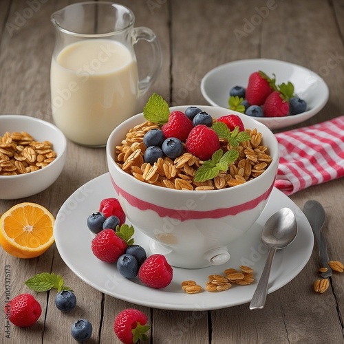 Obst Salat, Müsli, Milch. Generative AI Technologie photo