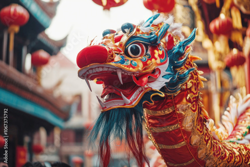 Traditional red dragon costume during Chinese New Year parade, with vibrant decorations and cultural backdrop..