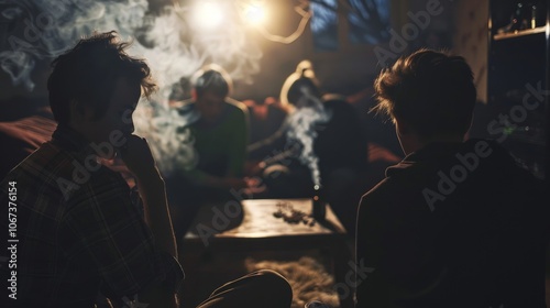 Teenagers sitting in a dark room, smoking and sharing drugs
