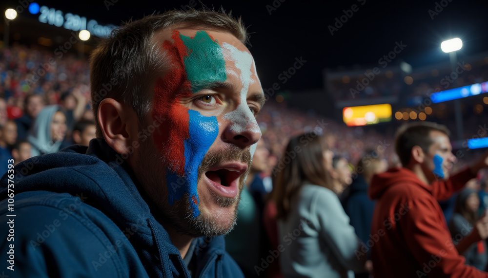 Enthusiastic sports fan with face paint at vibrant stadium event Enthusiastic sports fan with face paint at vibrant stadium event