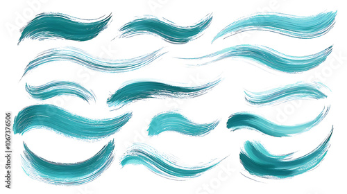 ollection of turquoise brush strokes in various shapes and textures, each stroke displayed on a white background, showcasing smooth and rough textures with artistic dynamism captured in a vibrant turq