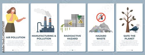 Environment pollution concept. Manufacture pollutes air, water, nature and atmosphere. Release of radioactive waste into environment cause of radio hazard. Planet contaminated with human activity