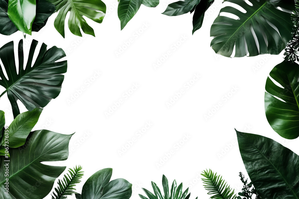 Fototapeta premium Tropical leaves framing a blank space, perfect for design and decoration, Transparent Background.