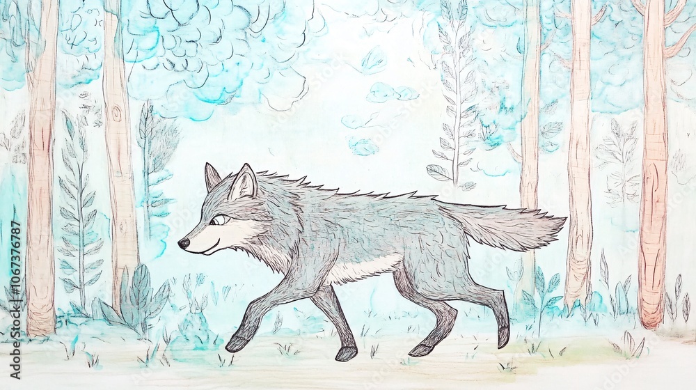 Obraz premium Majestic Wolf in Mystical Forest: A Watercolor Painting