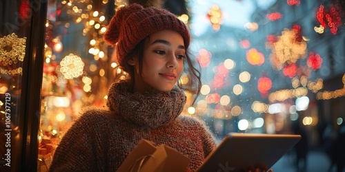 A young woman shops online for holiday gifts in a cozy coffee shop, using her tablet, surrounded by festive decorations and warm, soft lighting, with her shopping bag bes photo