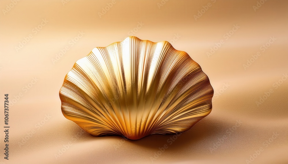 Elegant Gold Seashell Shaped Ornament on Luxurious Golden Fabric, Close-Up of Decorative Metallic Fan Shell with Ribbed Texture, Symbolizing Opulence and Tranquility, Ideal for Spa and Luxury Concepts Elegant Gold Seashell Shaped Ornament on Luxurious Golden Fabric, Close-Up of Decorative Metallic Fan Shell with Ribbed Texture, Symbolizing Opulence and Tranquility, Ideal for Spa and Luxury Concepts