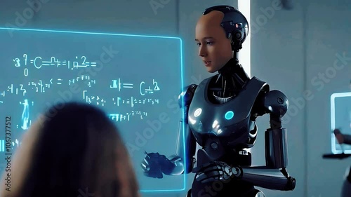  modern classroom, an android stands at the front, teaching a group of young students.
