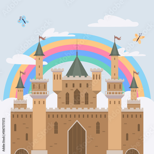 A whimsical castle with towers and flags stands under a vibrant rainbow, surrounded by clouds and butterflies. Ideal for fantasy themes, childrens stories, fairytales, dreamscapes, and imaginative