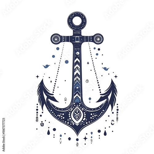 A stylized navy blue anchor with geometric and floral patterns, surrounded by small circles and drops. photo