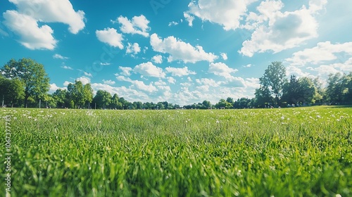 A vibrant green field under a bright blue sky with fluffy white clouds.