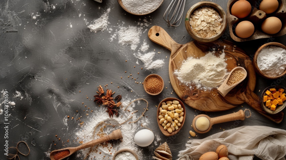 Rustic baking ingredients arranged on kitchen counter Rustic baking ingredients arranged on kitchen counter