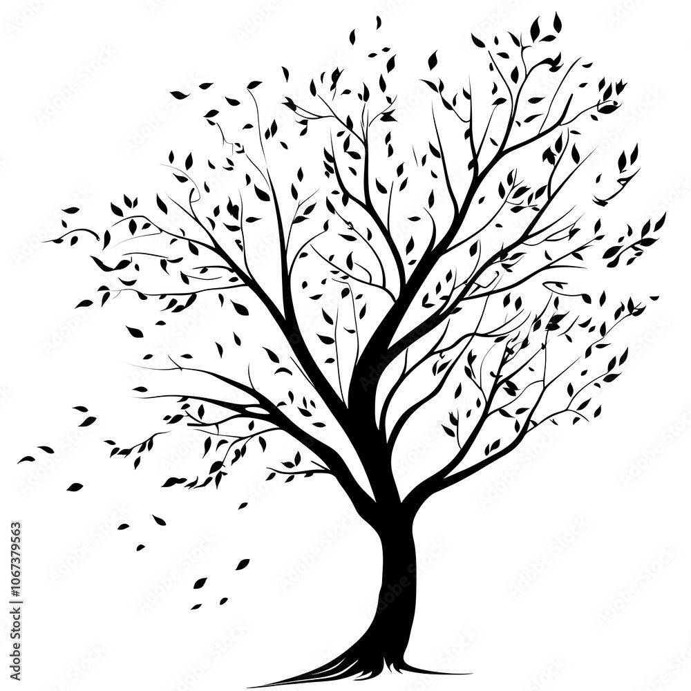 A black and white silhouette of a tree with leaves blowing in the wind. A black and white silhouette of a tree with leaves blowing in the wind.