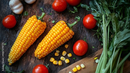 Fresh Corn Cobs with Tomatoes and Greens on Wooden Table