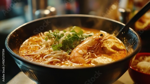 Spicy Shrimp Noodles in Black Bowl