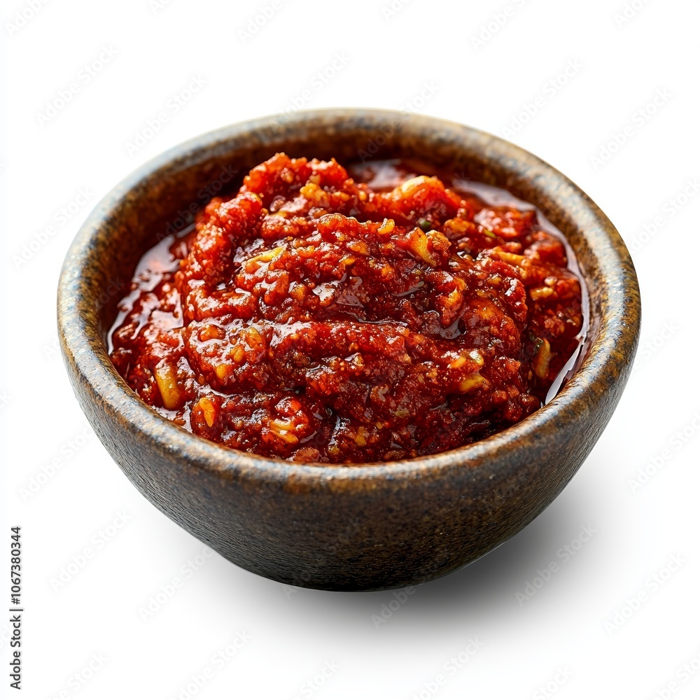 Spicy Tangy Indonesian Chili Sauce (Sambal) in a Small Traditional Bowl, Isolated on White Spicy Tangy Indonesian Chili Sauce (Sambal) in a Small Traditional Bowl, Isolated on White
