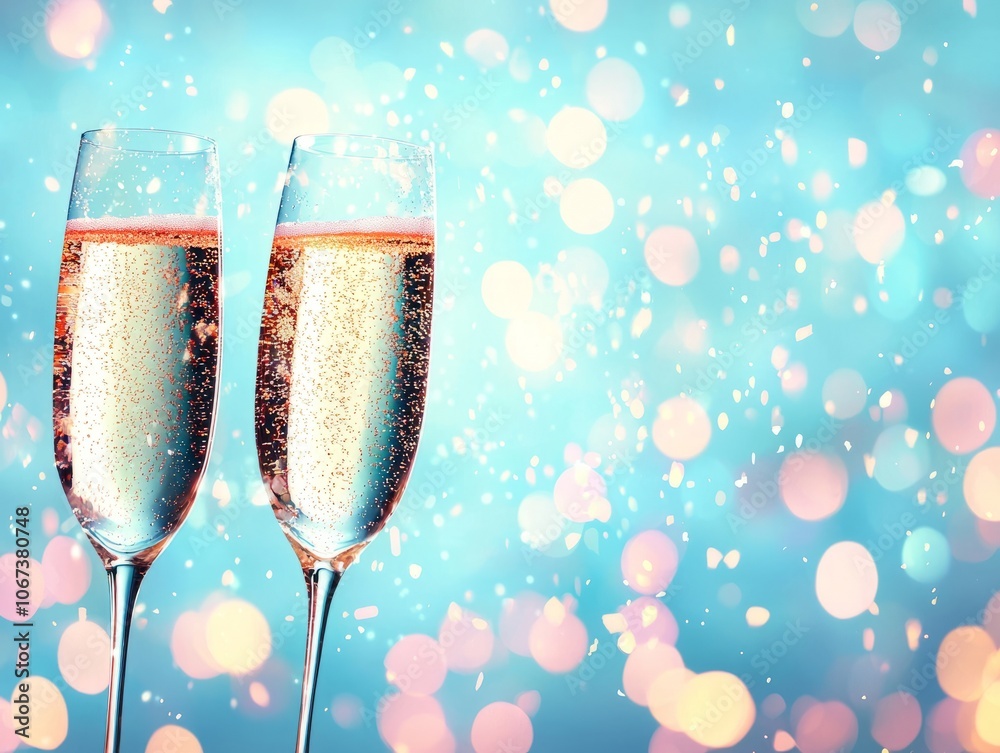 Two champagne flutes with sparkling bubbles against a festive background.