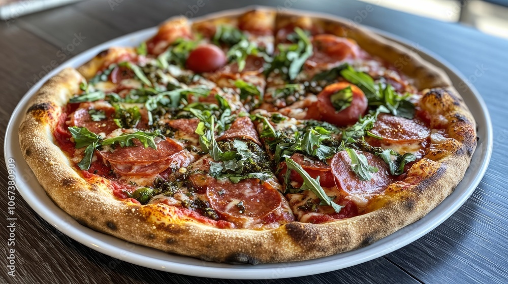 Delicious Pepperoni Pizza with Arugula and Pesto. Delicious Pepperoni Pizza with Arugula and Pesto.