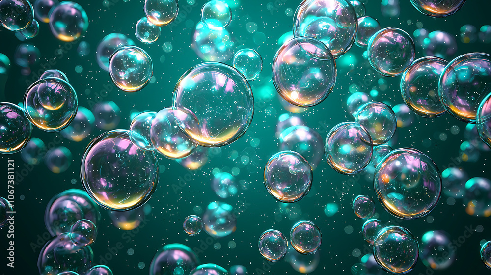 Transparent floating bubbles on a turquoise background Transparent floating bubbles on a turquoise background