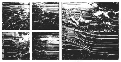 Black and White Wrinkled Material Structure Grunge Textures Vector Set Abstract Background. Wrinkled Textured Photocopy Paper Surface Design Elements Clip Art Bundle. Mod Backdrops for Design Projects