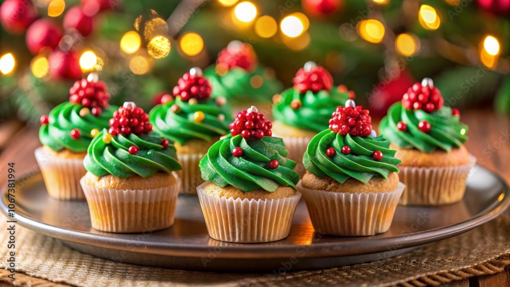 Capture a display of mini Christmas cupcakes, each decorated with red and green frosting, holiday sprinkles, and small edible ornaments. Arrange them on a festive tray with Christmas decorations Capture a display of mini Christmas cupcakes, each decorated with red and green frosting, holiday sprinkles, and small edible ornaments. Arrange them on a festive tray with Christmas decorations
