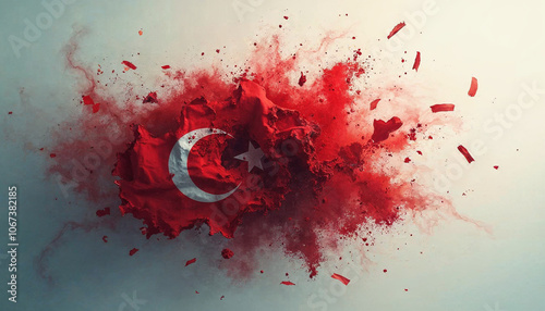 Abstract depiction of a turkey flag fragmented and disintegrating in a void with dark hues and swirling lines creating a sense of chaos