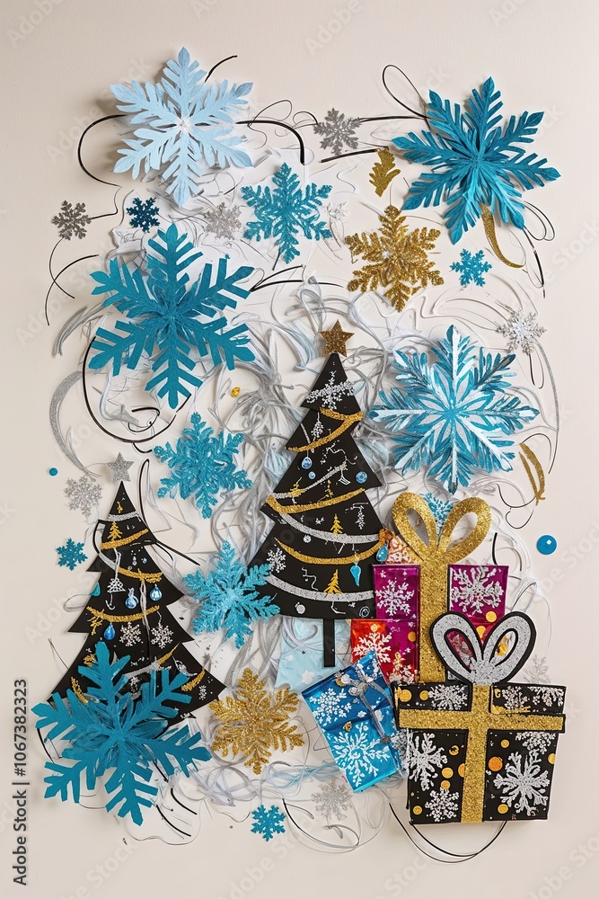 Festive Winter Holiday Collage with Snowflakes and Trees Festive Winter Holiday Collage with Snowflakes and Trees