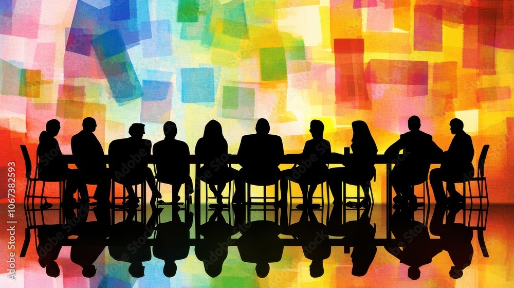 Vibrant Meeting Silhouette with Colorful Background Vibrant Meeting Silhouette with Colorful Background