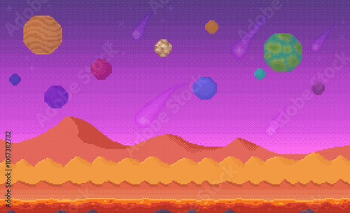 A vibrant retro pixel art scene features a cosmic landscape with colorful planets, meteors, and red mountains. Ideal for sci-fi themes, video game backgrounds, retro aesthetics, space exploration