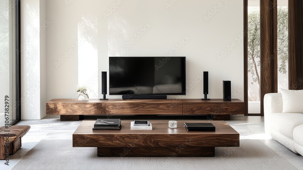 Modern Living Room with Wooden Furniture and a Flat Screen Television Modern Living Room with Wooden Furniture and a Flat Screen Television