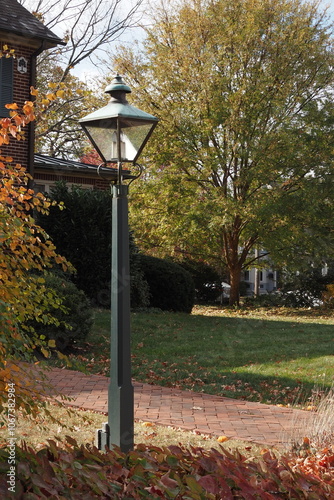 The lamp post is in front of some trees on this fall day.