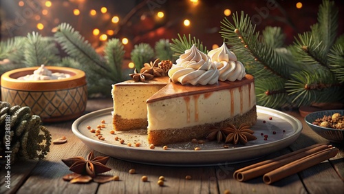 Cozy holiday dessert featuring a gingerbread cheesecake slice on a festive table