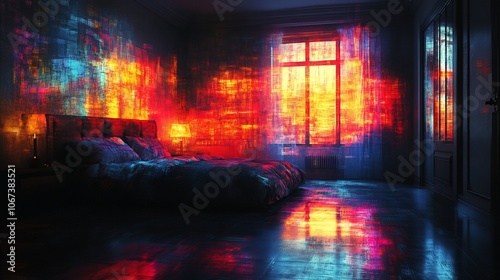 A modern bedroom with a bed and a window with a neon light shining through.