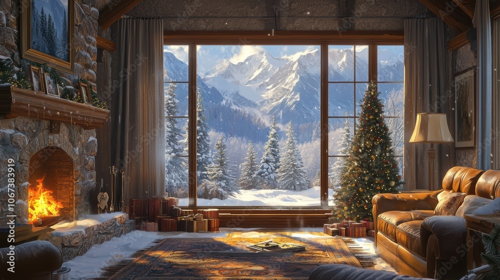 Cozy Winter Cabin Interior with Fireplace and Candlelit Christmas Decorations Overlooking Snow-Covered Mountain Landscape Through Rustic Window at Sunset, for lof-fi music Cozy Winter Cabin Interior with Fireplace and Candlelit Christmas Decorations Overlooking Snow-Covered Mountain Landscape Through Rustic Window at Sunset, for lof-fi music