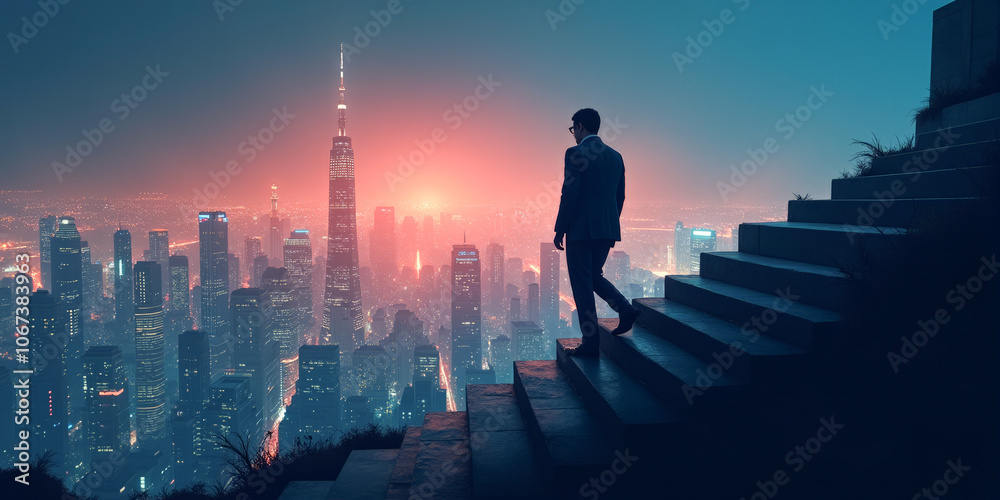 silhouette of a businessman climbing the stairs against the backdrop of a night metropolis silhouette of a businessman climbing the stairs against the backdrop of a night metropolis
