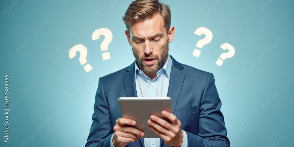 the surprised face of a businessman looking at a tablet in his hands, exclamation marks around the surprised face of a businessman looking at a tablet in his hands, exclamation marks around