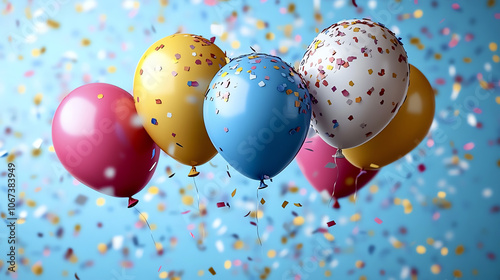 Colorful balloons with confetti against a blue background. photo