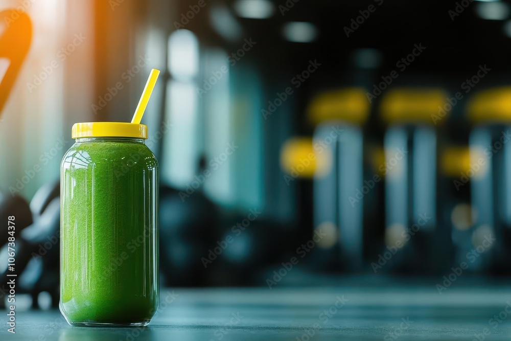 A close up image of a green smoothie in a glass bottle with a straw on a gym table with blurry gym equipment in the background A close up image of a green smoothie in a glass bottle with a straw on a gym table with blurry gym equipment in the background