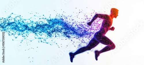 A runner in silhouette with colorful network trails behind them representing connection speed and innovation Perfect for use in tech fitness and sports related projects