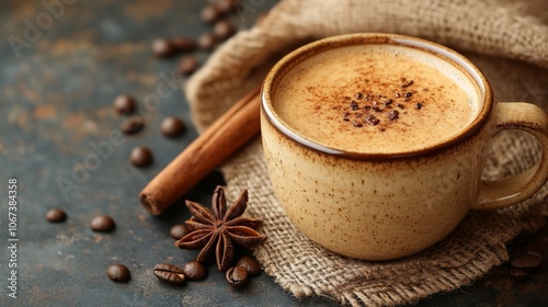 A cup of coffee with cinnamon and star anise on a rustic background.