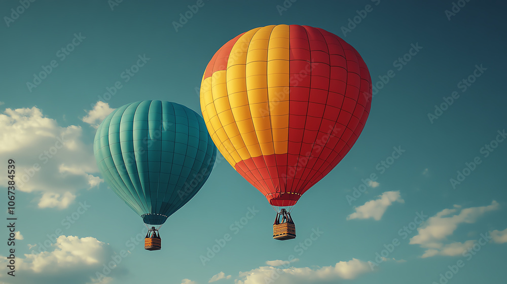 Fototapeta premium Two colorful hot air balloons ascend against a bright blue sky with fluffy white clouds.