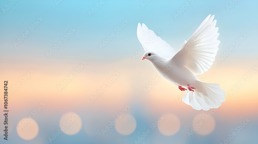 A white peace dove flying against a blue sky above a middle east city A white peace dove flying against a blue sky above a middle east city