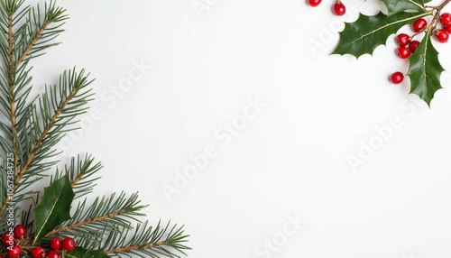 Flat lay Red holly berries and green branches on white background winter natural decoration botanical festive