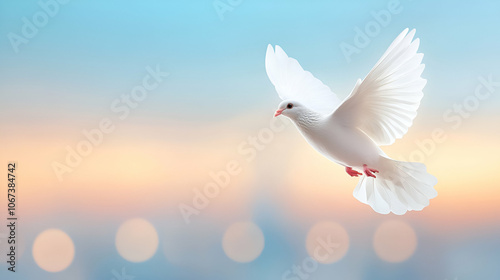 A white peace dove flying against a blue sky above a middle east city