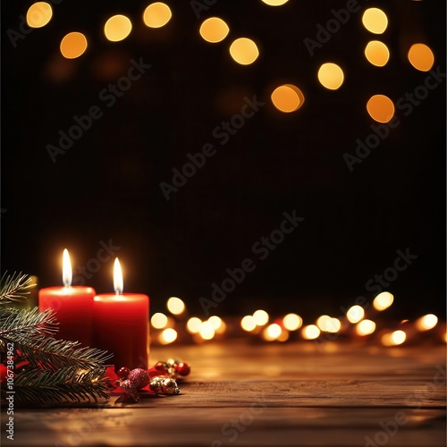 A cozy scene featuring glowing candles and festive decorations, exuding warmth and holiday spirit against a dark background with twinkling lights. photo