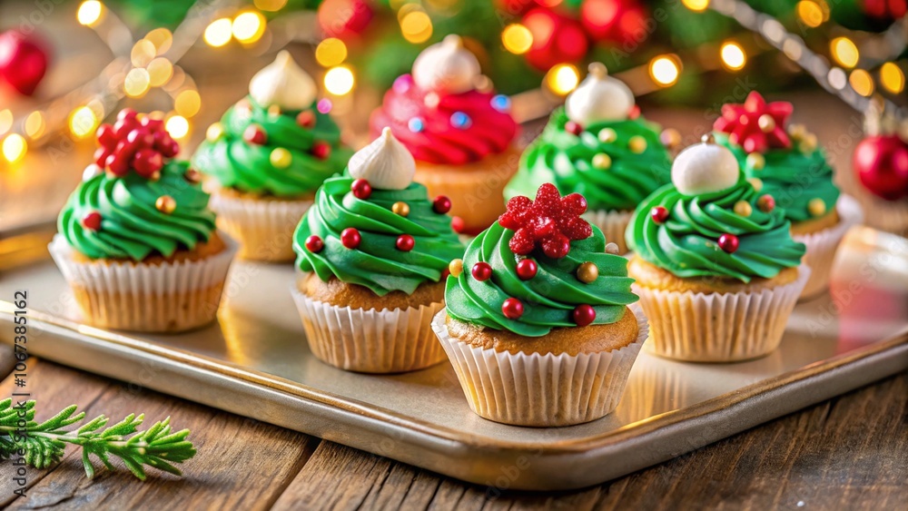 Festive cupcakes with seasonal decorations on a rustic wooden tray Festive cupcakes with seasonal decorations on a rustic wooden tray