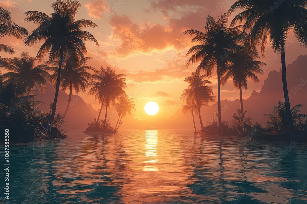 stunning tropical sunset where the sun dips below the horizon casting a golden glow over palm trees and reflecting off tranquil waters evoking a sense of paradise and tranquility