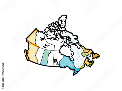 A vector illustration of Canada's map with major provinces highlighted in bold colors.