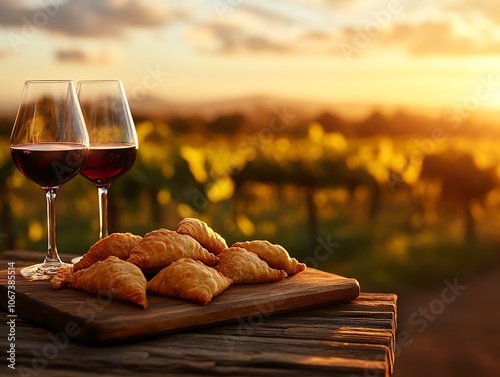 Empanadas on rustic board, Mendoza vineyard view