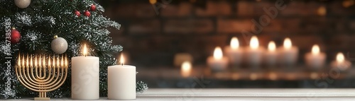 A cozy holiday scene featuring a menorah and candles beside a decorated Christmas tree, set against a softly lit brick background. photo