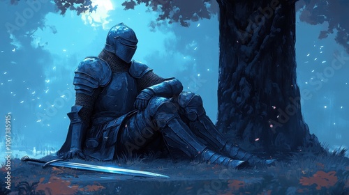 A lone knight in full armor sits beneath a large tree, his sword resting on the ground beside him. The scene is bathed in a cool blue light, creating a somber and reflective mood.